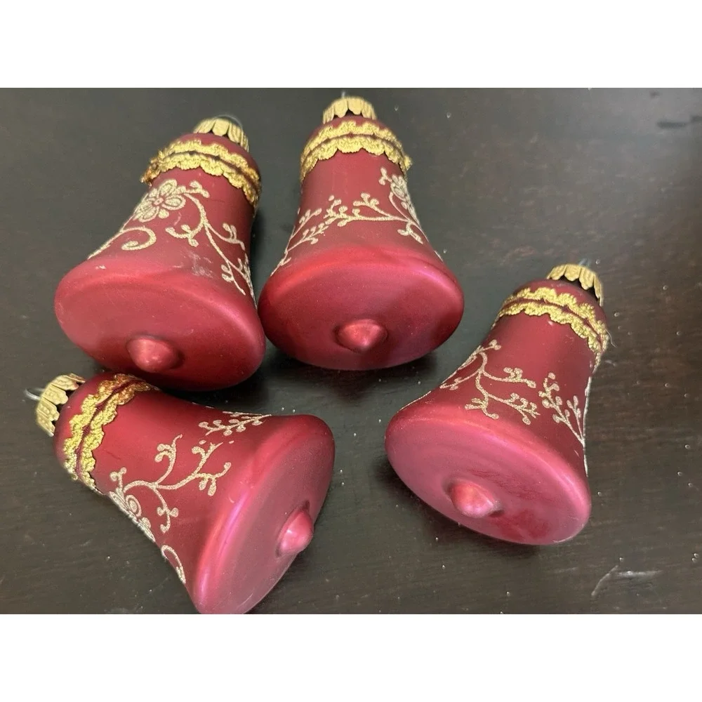 CHRISTMAS BY KREBS Glass BELL Ornaments Red w/ Gold Glitter Set of 4 No Box